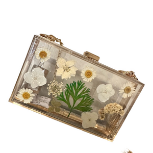 Transparent Floral Hard Case Clutch Clear Box Purse Gold Hardware New🧹